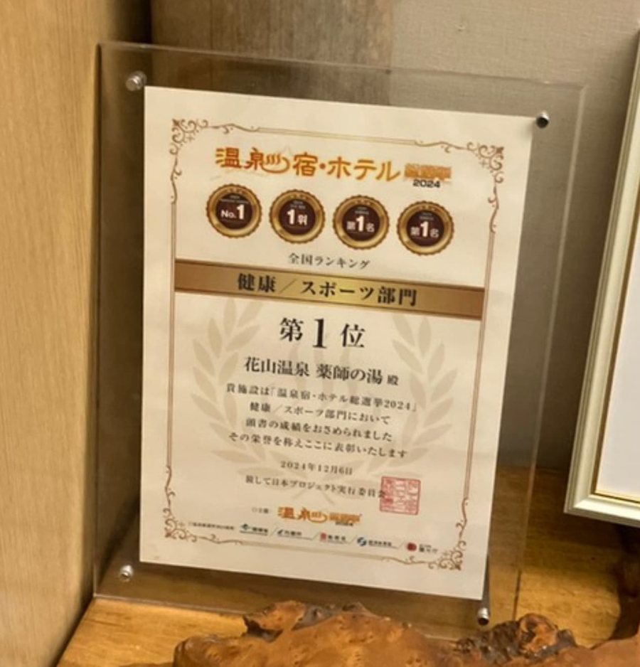 温泉宿・ホテル総選挙 第1位 表彰状
